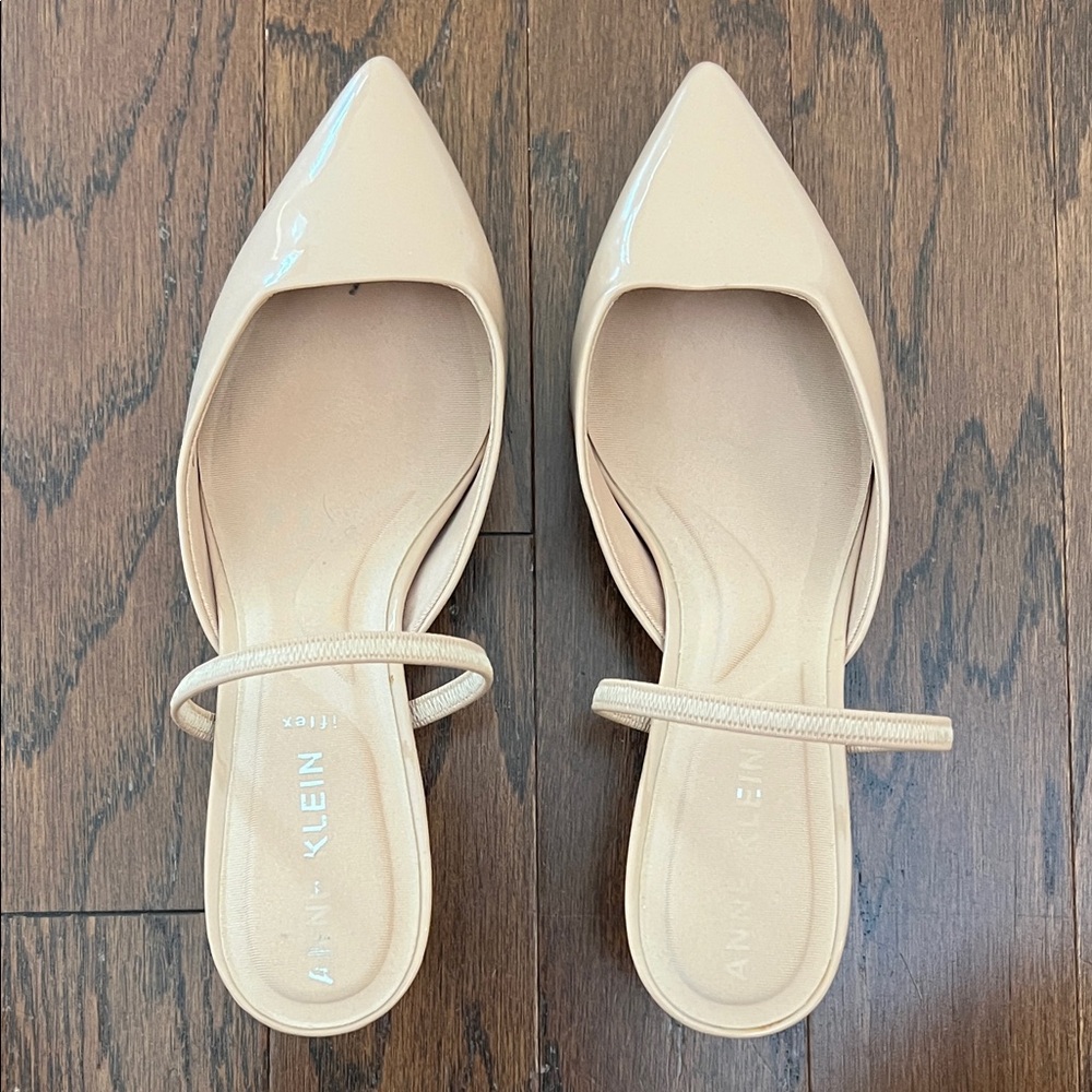 Anne Klein Beige Patent Pointed-Toe Flats with Strap